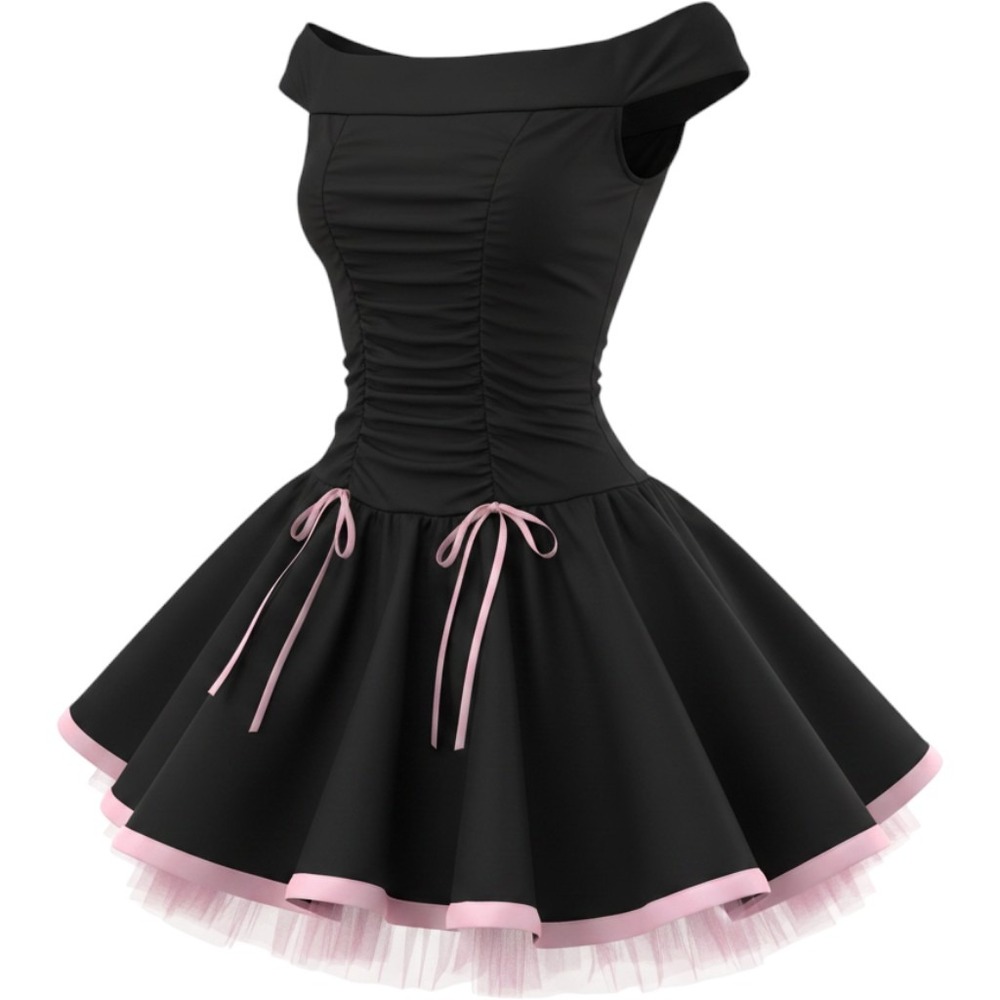 VTG USA Made Taboo Girly Black Pink Mini Dress Ruched Bow Tulle Off Shoulder - S